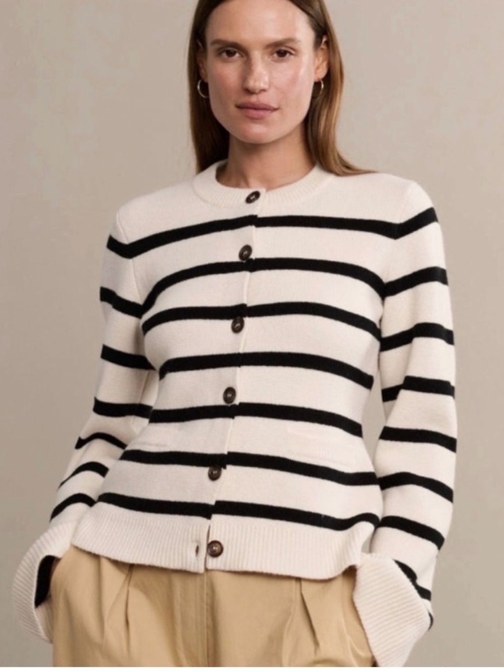 Jenni Kayne Cream and Black Striped Button-Front Cardigan